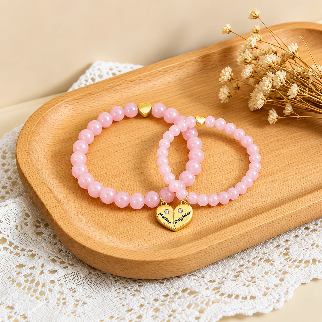Amourlie Heart Bracelet Set — Rose Quartz, Set of 2